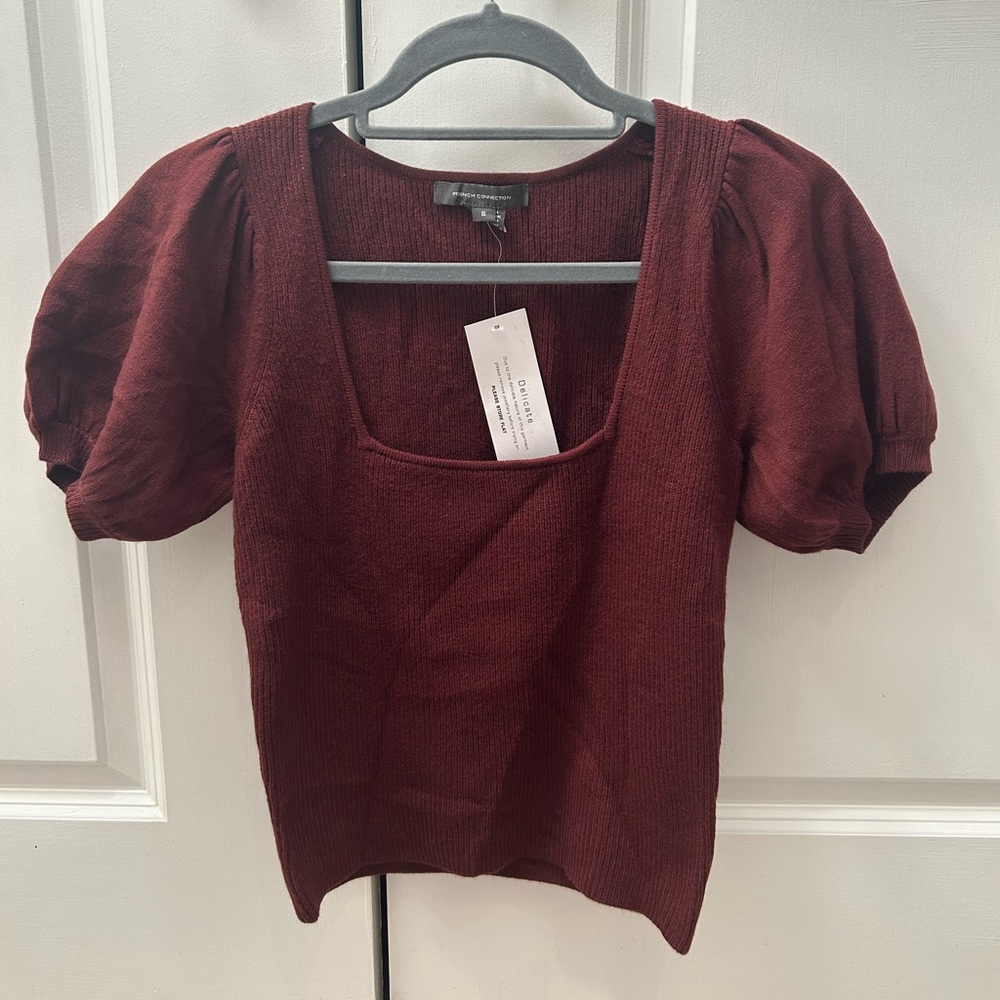 NWT: French Connection Burgundy Square Neck Puff Sleeve Knit Top Small Stretchy